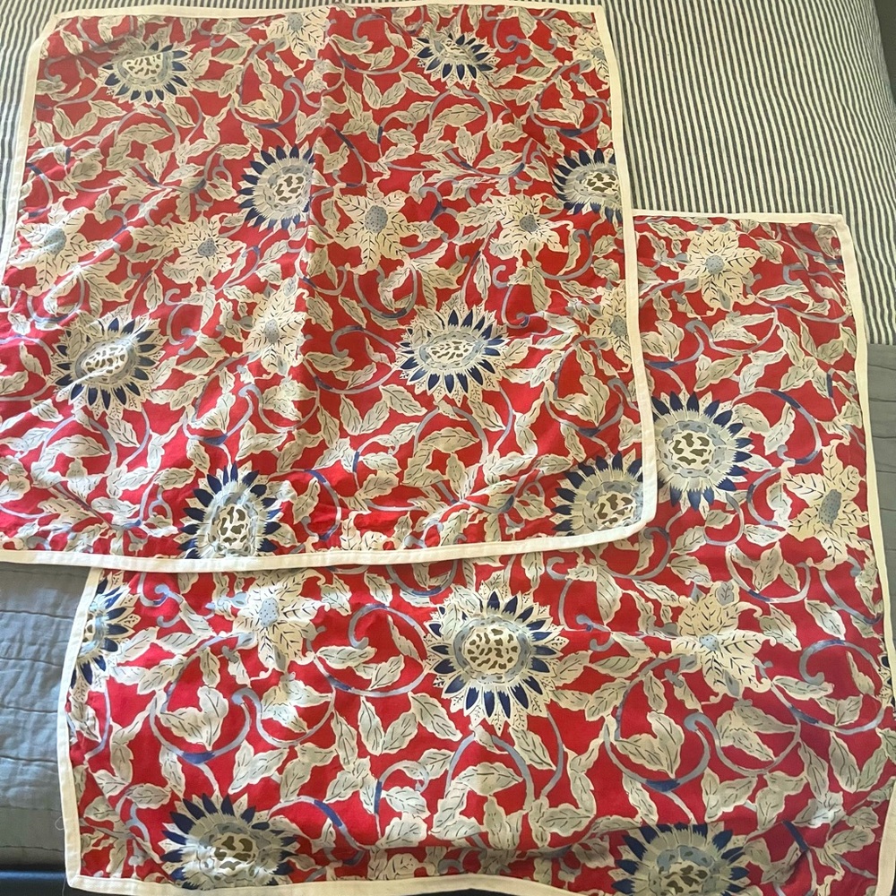 SOLD Ralph Lauren Cote’ de Azure blue sunflower with red and cream Euro shams.